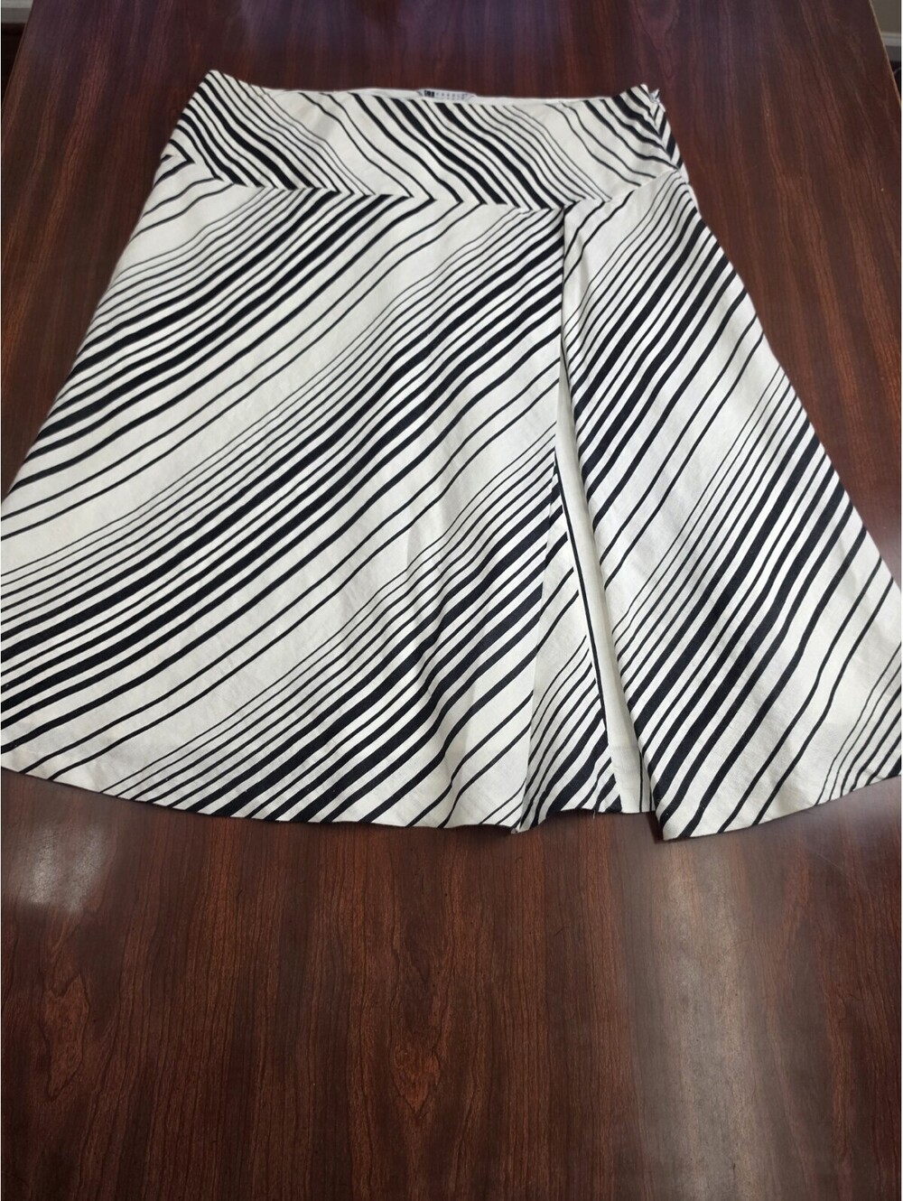 Carole Little Size 12 100% Linen Black White Striped A Line Midi Skirt Lined